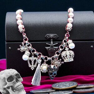 Skull Charm Pearl Bead Crowns Heart Fleur de Lis 18" Necklace Gothic Halloween C
